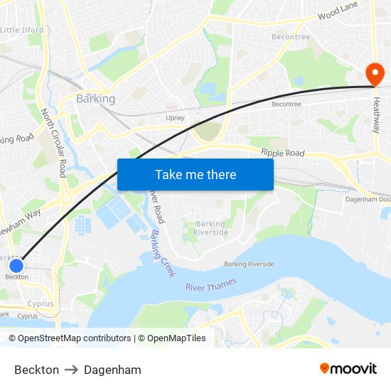 Beckton to Dagenham map