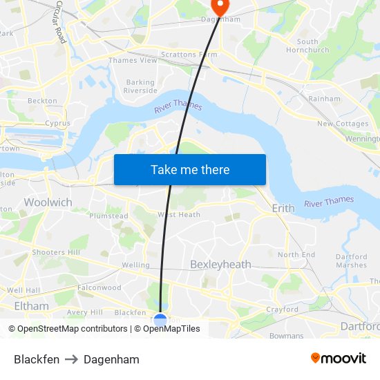 Blackfen to Dagenham map