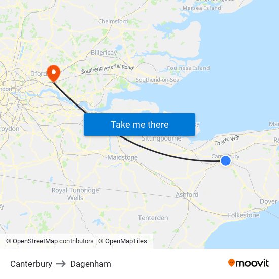 Canterbury to Dagenham map