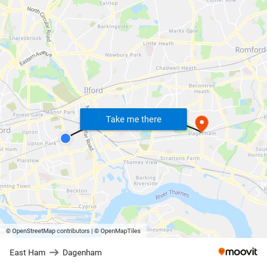 East Ham to Dagenham map