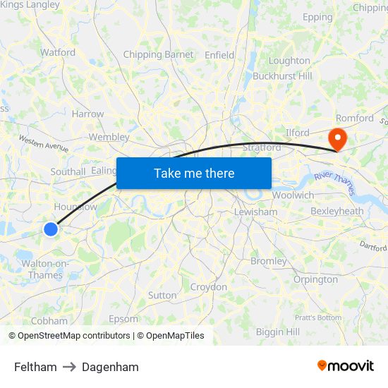 Feltham to Dagenham map