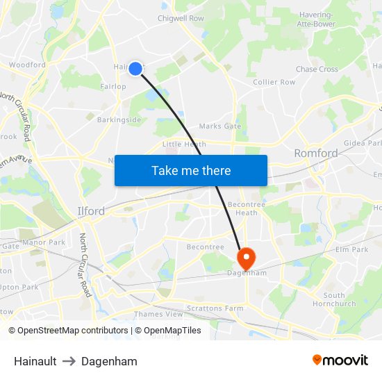 Hainault to Dagenham map