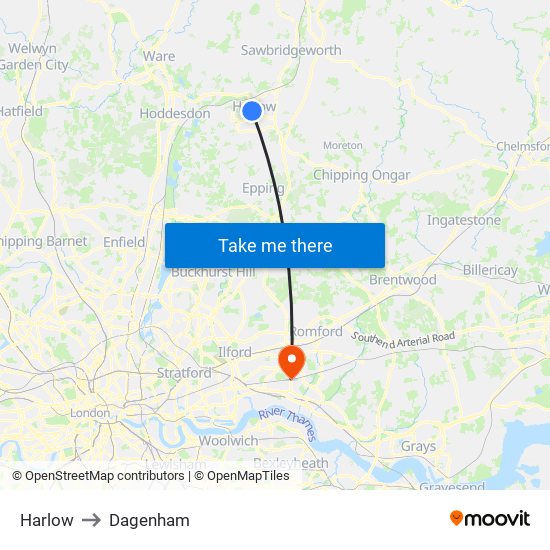 Harlow to Dagenham map