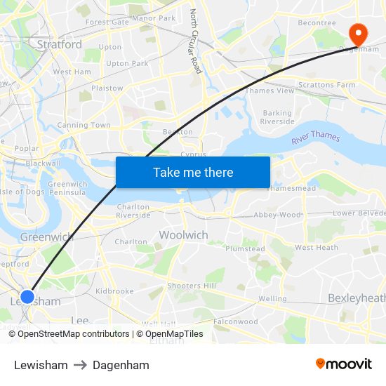 Lewisham to Dagenham map