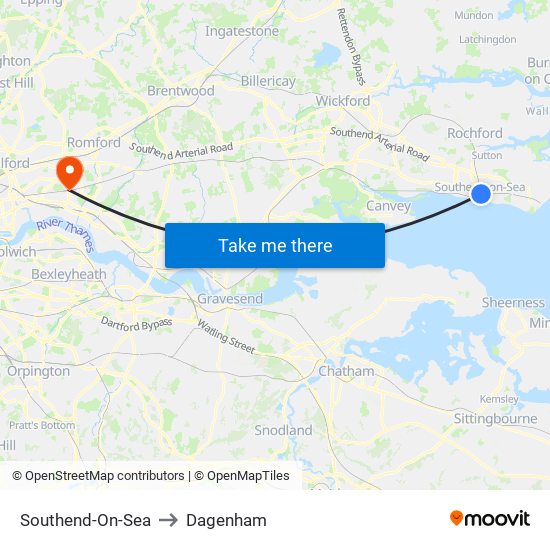 Southend-On-Sea to Dagenham map