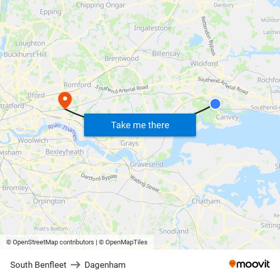 South Benfleet to Dagenham map