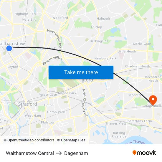 Walthamstow Central to Dagenham map