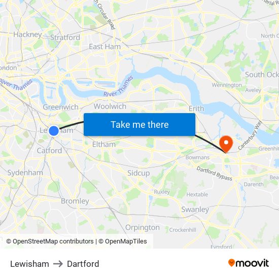 Lewisham to Dartford map