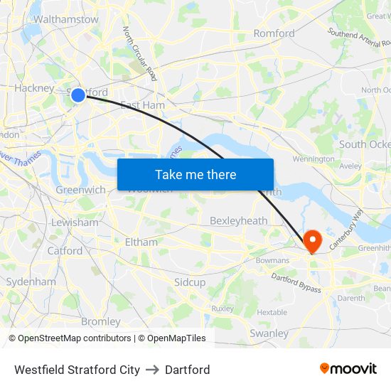 Westfield Stratford City to Dartford map