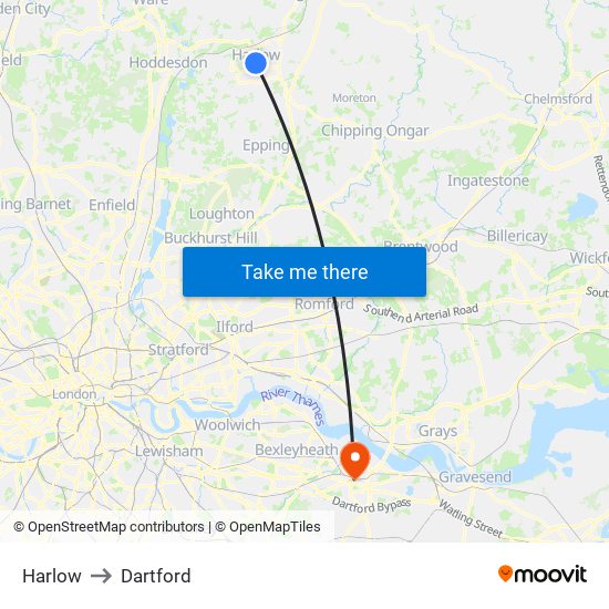 Harlow to Dartford map