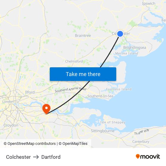 Colchester to Dartford map