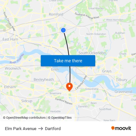 Elm Park Avenue to Dartford map