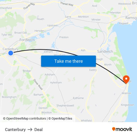 Canterbury to Deal map