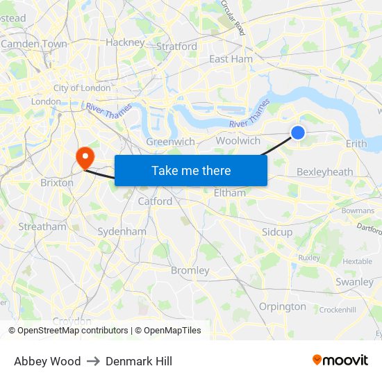 Abbey Wood to Denmark Hill map