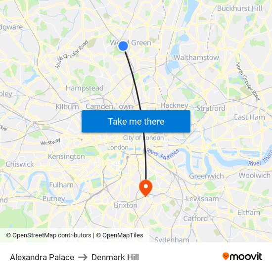 Alexandra Palace to Denmark Hill map