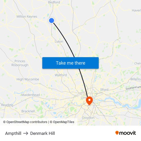 Ampthill to Denmark Hill map