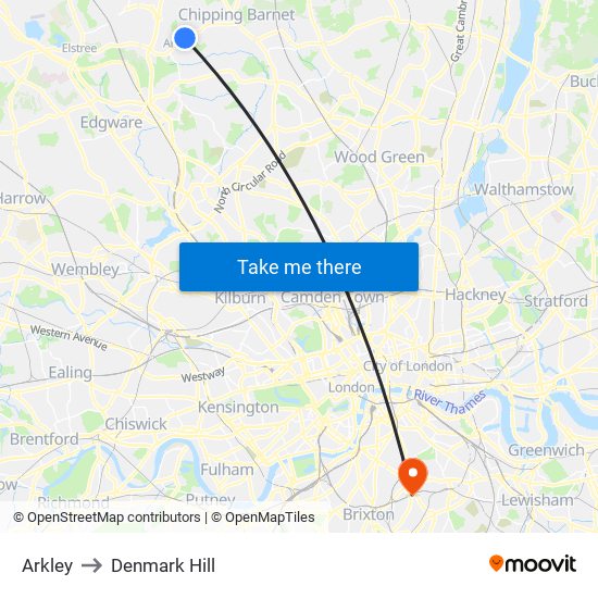 Arkley to Denmark Hill map