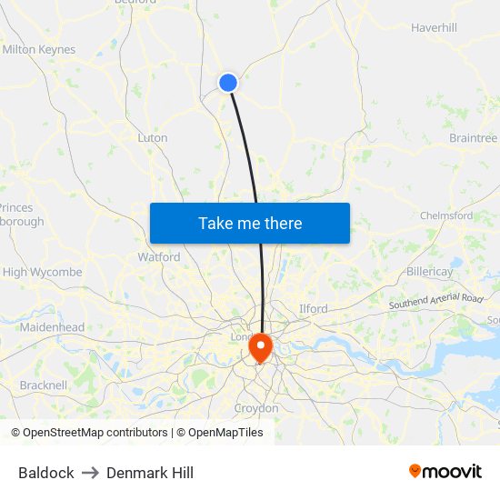 Baldock to Denmark Hill map