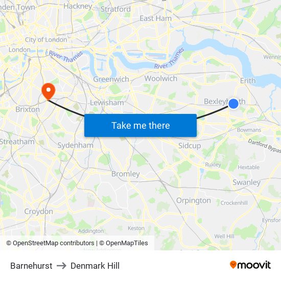 Barnehurst to Denmark Hill map