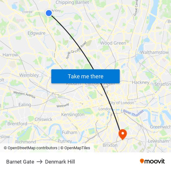 Barnet Gate to Denmark Hill map