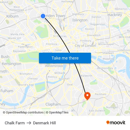 Chalk Farm to Denmark Hill map