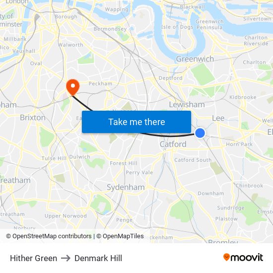 Hither Green to Denmark Hill map