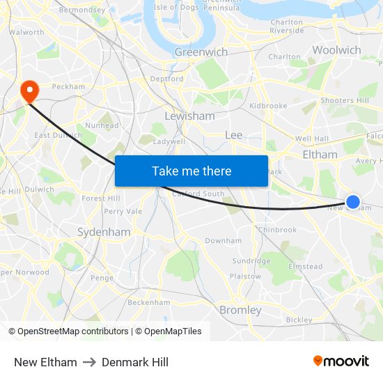 New Eltham to Denmark Hill map