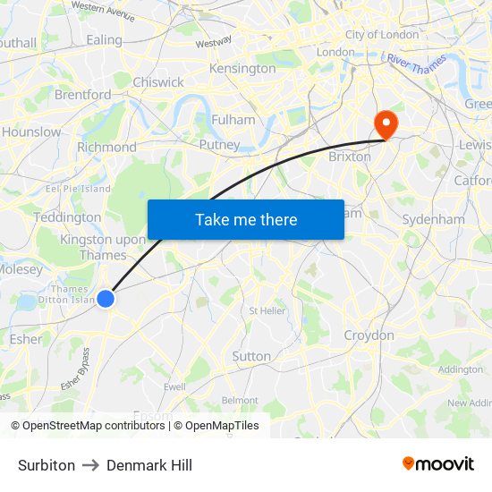 Surbiton to Denmark Hill map