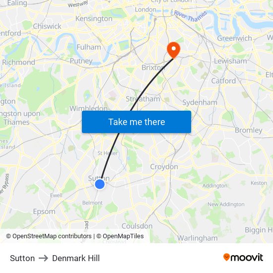 Sutton to Denmark Hill map