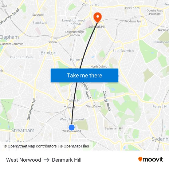 West Norwood to Denmark Hill map