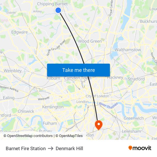 Barnet Fire Station to Denmark Hill map