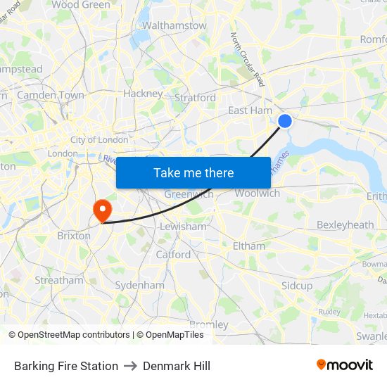 Barking Fire Station to Denmark Hill map