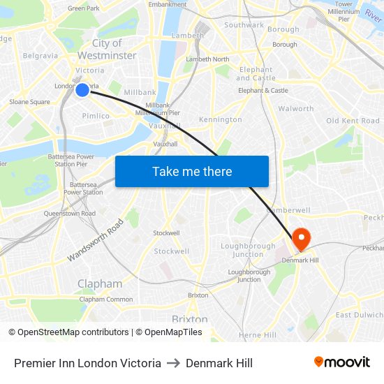 Premier Inn London Victoria to Denmark Hill map