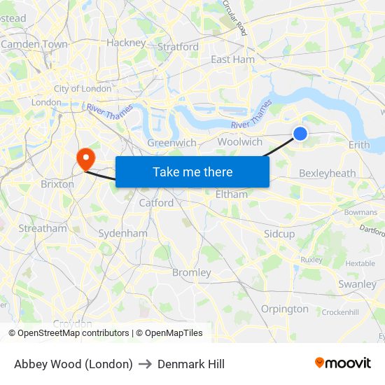 Abbey Wood (London) to Denmark Hill map