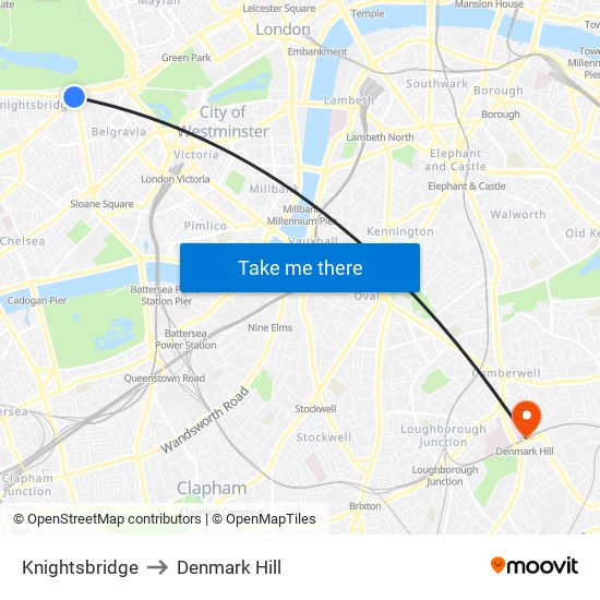 Knightsbridge to Denmark Hill map