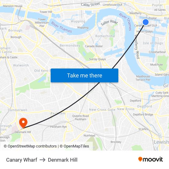 Canary Wharf to Denmark Hill map