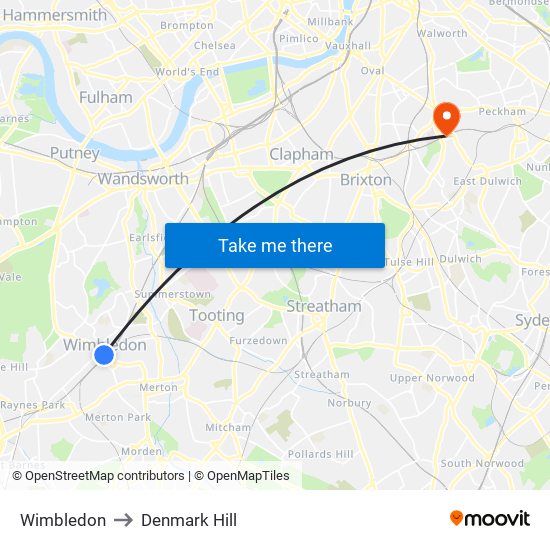 Wimbledon to Denmark Hill map