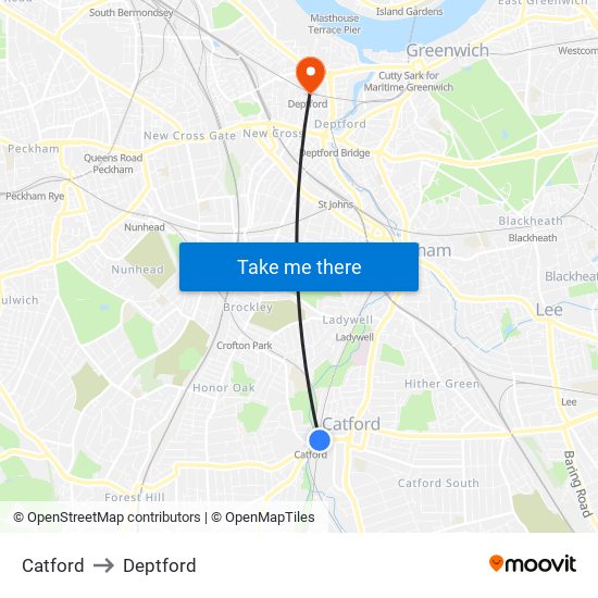 Catford to Deptford map