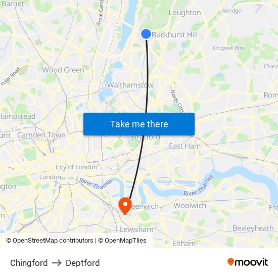 Chingford to Deptford map