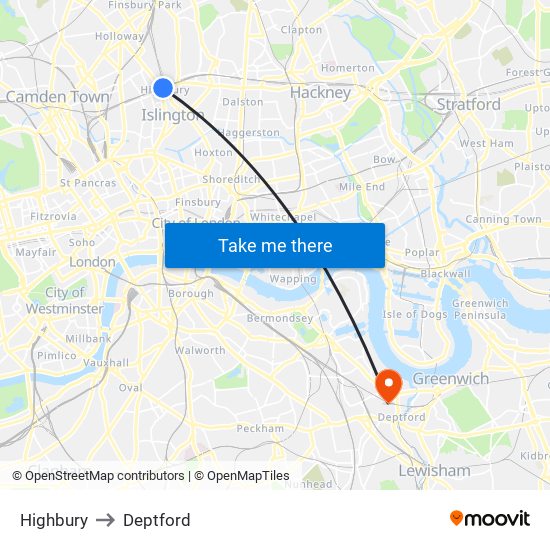 Highbury to Deptford map