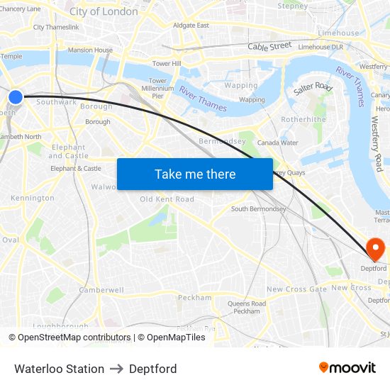 Waterloo Station to Deptford map