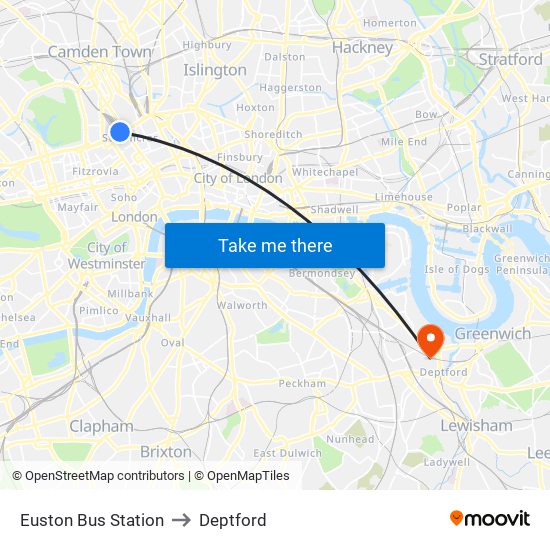 Euston Bus Station to Deptford map