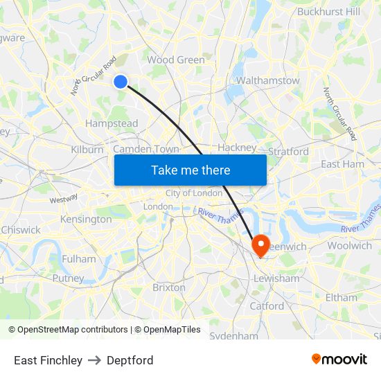 East Finchley to Deptford map