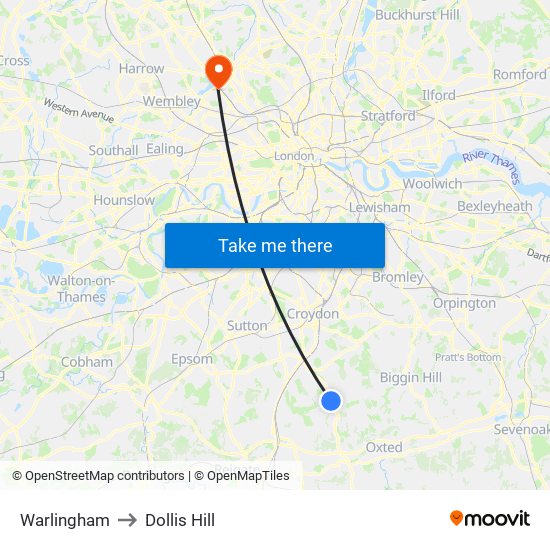 Warlingham to Dollis Hill map