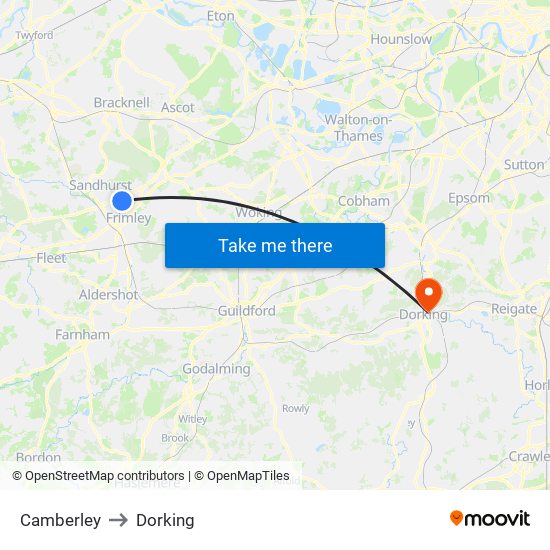 Camberley to Dorking map