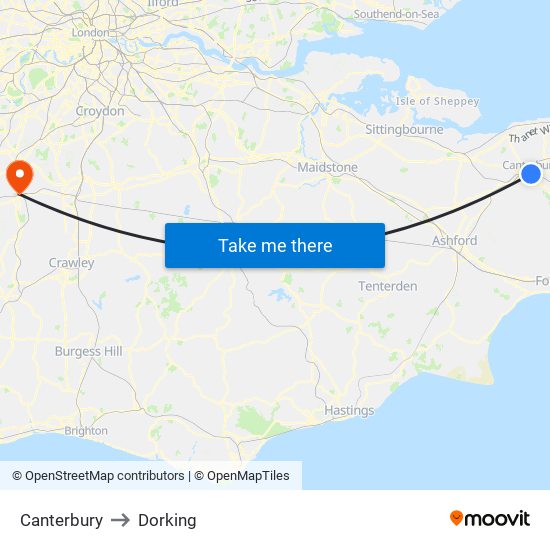 Canterbury to Dorking map