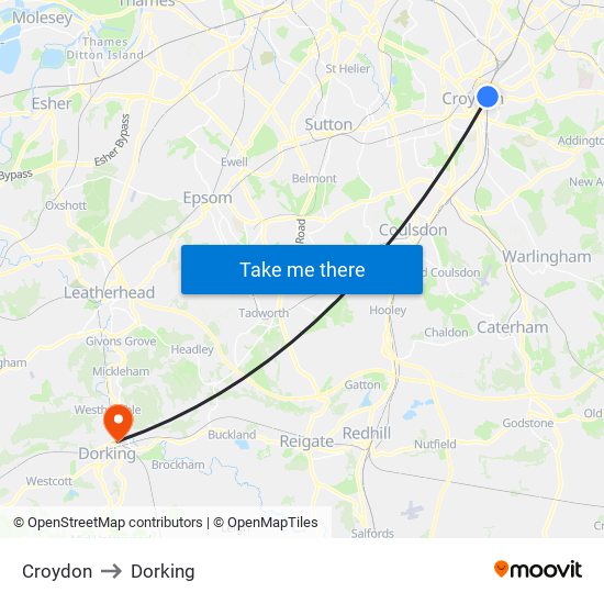 Croydon to Dorking map