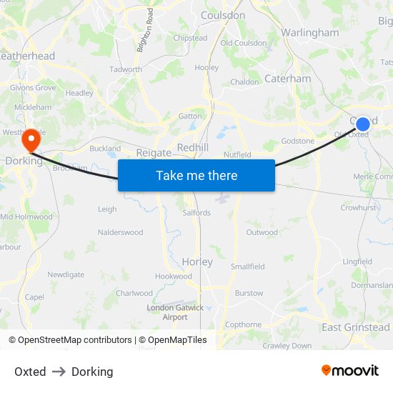 Oxted to Dorking map