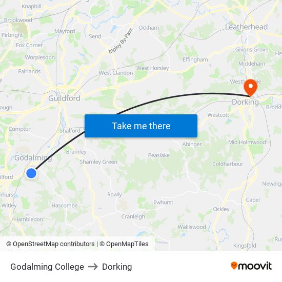 Godalming College to Dorking map