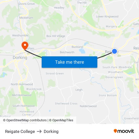 Reigate College to Dorking map